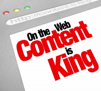 The words Content is King on a computer website screen to illustrate the importance of fresh or new articles, features, files, or other valuable items for visitors to find at your website and generate traffic