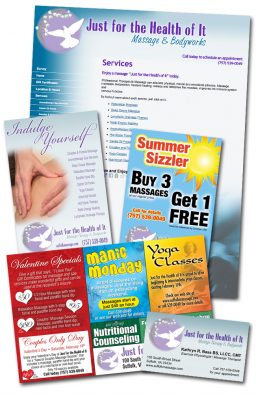 brochures, postcards, flyers for local massage studio