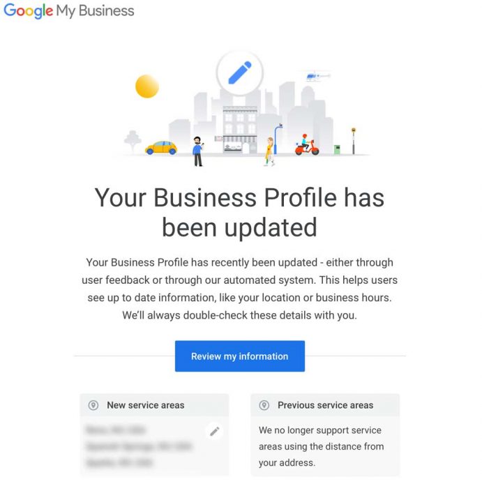 screenshot of GMB email about service areas