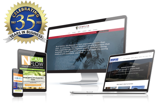 hero graphic showing web design samples and 35 year banner